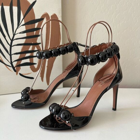 Alaia Bombe 90 Black Ankle-Strap Studded Leather Stiletto Heel Sandals Size 37 - Picture 1 of 8